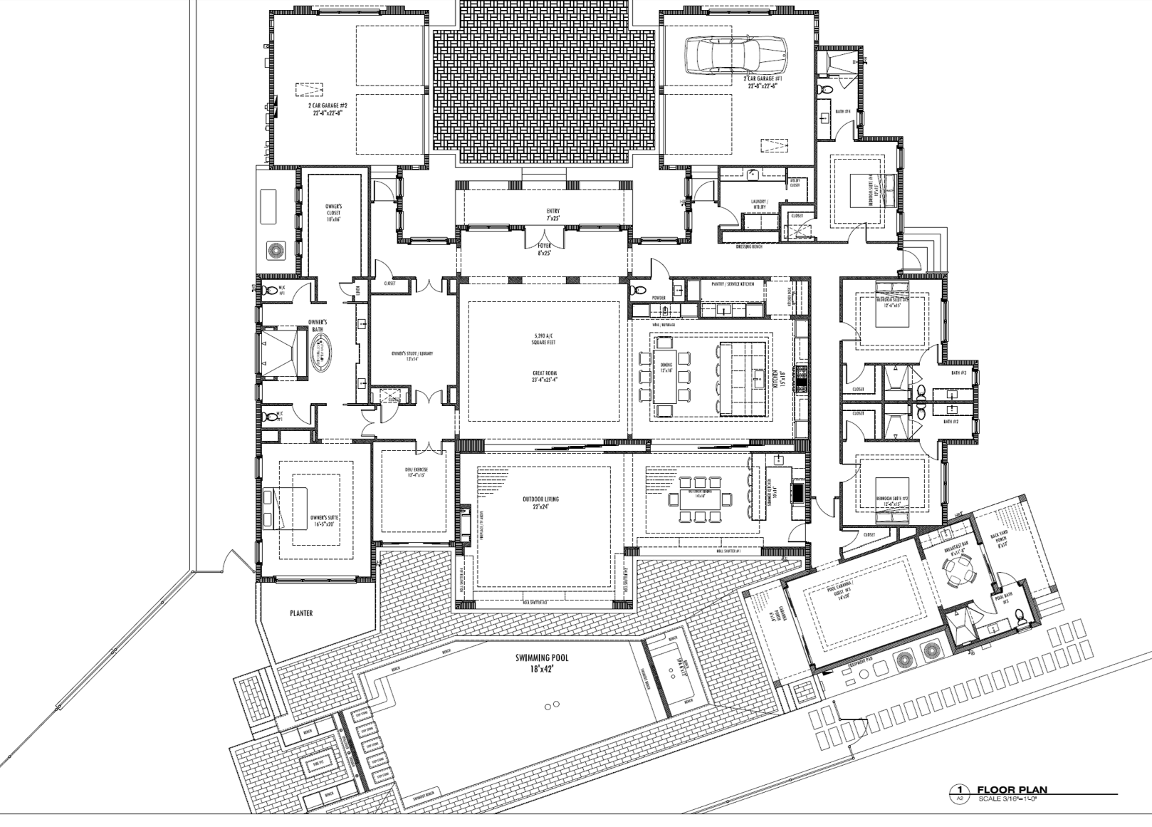 Architectural floor plan of a large single-story house displaying labeled rooms including two 2-car garages, owner's suite with bath and closet, owner's study, great room, kitchen with pantry, multiple bedrooms each with closets and bathrooms, laundry, dining areas, outdoor living space, swimming pool area, covered pool cabana, and various entry points with detailed room dimensions.