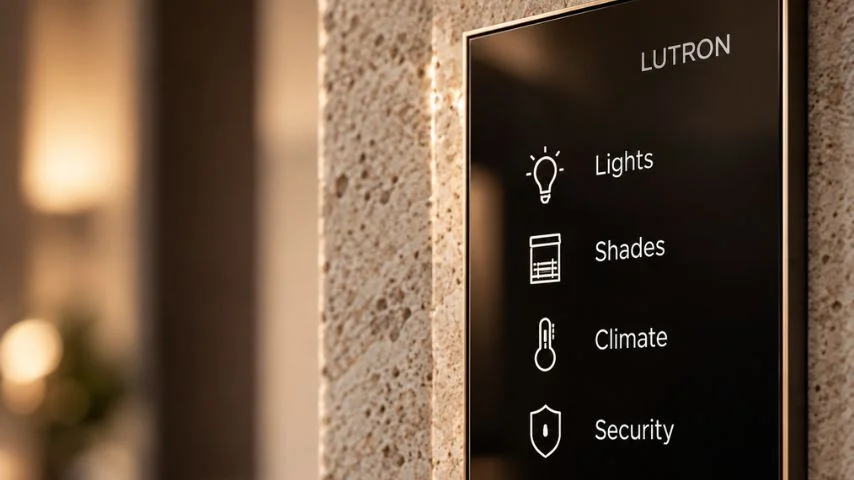 Wall-mounted Lutron smart home control panel displaying icons and labels for Lights, Shades, Climate, and Security against a textured beige wall.